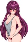  1girl artist_request bangs bare_shoulders blush breasts cleavage collarbone fate/grand_order fate_(series) grey_tank_top hair_between_eyes hair_intakes hips large_breasts long_hair looking_at_viewer open_mouth panties purple_hair red_eyes red_panties scathach_(fate)_(all) scathach_(fate/grand_order) shirt_pull sideboob simple_background smile solo underwear white_background 