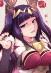  1girl antlers bell black_eyes black_hair breasts fire_emblem fire_emblem:_kakusei fire_emblem_heroes fur_trim highres long_hair medium_breasts nail_polish nakabayashi_zun nintendo open_mouth reindeer_antlers simple_background solo tharja tiara 