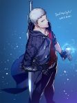  1boy artist_name blue_jacket blue_rose_(gun) copyright_name dated devil_breaker devil_may_cry_5 feet_out_of_frame grey_hair hand_on_hip jacket kuren long_coat male_focus nero_(devil_may_cry) prosthesis prosthetic_arm short_hair solo sword weapon 