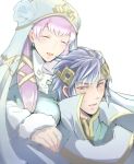  1boy 1girl blue_eyes blue_hair brother_and_sister closed_eyes earrings est_tm fire_emblem fire_emblem_heroes fur_trim gradient_hair gunnthra_(fire_emblem) hair_ornament hat hrid_(fire_emblem_heroes) jewelry long_hair long_sleeves multicolored_hair nintendo open_mouth pink_hair short_hair siblings silver_hair simple_background veil white_background 