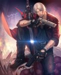  1boy beard blood blood_on_face boots copyright_name dante_(devil_may_cry) dated devil_may_cry devil_may_cry_5 ebony_&amp;_ivory facial_hair grey_hair gun holding holding_gun holding_weapon jacket kuren male_focus rebellion_(sword) red_jacket solo stubble sword weapon white_hair 