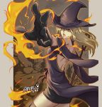  1girl bare_shoulders bula detached_sleeves fire flame gloves halterneck hat highres magic miniskirt original outstretched_arm shoulder_blades skirt solo staff thigh-highs wide_sleeves witch witch_hat yellow_eyes zettai_ryouiki 