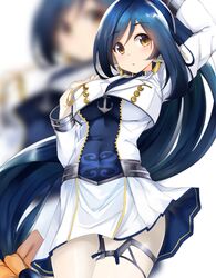  1girl anchor animal_ears arm_up azur_lane blue_hair breasts commentary_request hand_on_own_chest kuon_(utawareru_mono) long_hair looking_at_viewer military military_uniform pantyhose ponytail solo uniform utawareru_mono white_legwear yellow_eyes zarashi 