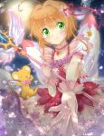  1girl antenna_hair blush bow bowtie brown_hair card_captor_sakura choker collarbone eyebrows_visible_through_hair feathered_wings flower gloves gongitsune_(gongitune2) green_eyes hair_flower hair_ornament hair_ribbon highres holding holding_staff kero kinomoto_sakura looking_at_viewer magical_girl pink_bow pink_gloves pink_neckwear pink_ribbon ribbon shiny shiny_hair short_hair_with_long_locks short_sleeves sidelocks skirt smile solo staff white_wings wings 