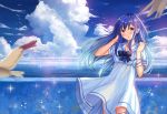  1girl :o ame_sagari animal bangs bird blue blue_hair blue_neckwear blue_ribbon blue_sky blurry blush bow bowtie brown_eyes clouds cloudy_sky collarbone commentary_request day depth_of_field dress floating_hair flock glint hand_in_hair hands_up horizon long_hair looking_at_viewer ocean original outdoors parted_lips ribbon sailor_collar sailor_dress scenery short_sleeves sidelocks sky solo standing water water_drop white_dress white_sailor_collar wind 