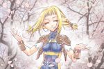  1girl blonde_hair braid breasts cherry_blossoms closed_eyes commentary_request final_fantasy final_fantasy_xii kimagureneko long_hair nature penelo petals smile solo twin_braids twintails 