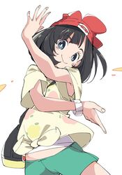  1girl bag beanie black_hair blue_eyes closed_mouth creatures_(company) game_freak green_shorts handbag hat ixy mizuki_(pokemon) nintendo pokemon pokemon_(game) pokemon_sm red_hat shirt short_hair short_sleeves shorts simple_background smile solo tied_shirt white_background z-move 