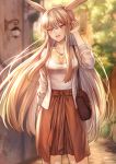  1girl :d adjusting_hair bag bangs blonde_hair blurry blurry_background blush breasts cardigan casual cleavage collarbone commentary_request day eyebrows_visible_through_hair fate/grand_order fate_(series) hair_between_eyes handbag head_wings highres jewelry large_breasts long_hair mashu_003 open_cardigan open_clothes open_mouth outdoors red_eyes red_skirt shirt sidelocks skirt smile solo thrud_(fate/grand_order) valkyrie_(fate/grand_order) very_long_hair white_cardigan white_shirt 