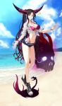  1girl absurdres bangs beach belt bikini bikini_under_clothes black_footwear black_hair blue_sky blush breasts chest_tattoo cleavage collared_shirt denim denim_shorts dress_shirt facial_mark fate/extra fate/extra_ccc fate/grand_order fate_(series) feet forehead_mark full_body highres hinomoto_madoka hips horns jewelry legs long_hair looking_at_viewer midriff multicolored_hair navel ocean open_toe_shoes parted_bangs pink_bikini pink_hair ponytail ring sesshouin_kiara shadow shirt short_shorts shorts sidelocks skull sky smile solo streaked_hair swimsuit tattoo thighs tied_shirt toes two-tone_hair very_long_hair wavy_hair white_shirt wristband 