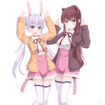  2girls :d absurdres alternate_costume animal_ears anna_miller arms_up bangs blue_eyes blush breasts brown_cardigan brown_hair bunny_pose cardigan cat_ears commentary_request contrapposto cowboy_shot highres lavender_eyes light_blue_hair long_hair long_sleeves looking_at_viewer medium_breasts multiple_girls neck_ribbon new_game! open_cardigan open_clothes open_mouth orange_cardigan pink_skirt rabbit_ears red_neckwear ribbon sainohikari shirt short_hair silver_hair skirt small_breasts smile standing suzukaze_aoba takimoto_hifumi thigh-highs two_side_up uniform very_long_hair waitress white_legwear white_shirt zettai_ryouiki 