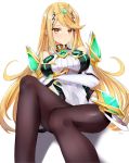  1girl alternate_costume armor bangs blonde_hair breasts earrings ei1han gem gloves headpiece highres mythra_(xenoblade) jewelry large_breasts long_hair looking_at_viewer nintendo pantyhose simple_background solo super_smash_bros. super_smash_bros._ultimate swept_bangs tiara white_gloves xenoblade_(series) xenoblade_2 yellow_eyes 
