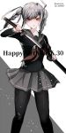  1girl black_legwear black_serafuku black_shirt braid dangan_ronpa dated floating_hair grey_ribbon grey_sailor_collar grey_skirt hair_ribbon happy_birthday holding holding_sheath holding_sword holding_weapon katana long_hair long_sleeves looking_at_viewer miniskirt neckerchief pantyhose pekoyama_peko pleated_skirt red_neckwear ribbon sailor_collar school_uniform serafuku sheath shiny shiny_clothes shirt silver_hair skirt solo standing super_dangan_ronpa_2 sword twin_braids twintails twitter_username unsheathing weapon white_background z-epto_(chat-noir86) 