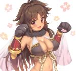  1girl :d armpits bangs bare_shoulders black_bikini_top blush breasts brown_hair cleavage dargo eyebrows_visible_through_hair fang floral_background fur_collar gauntlets hair_intakes hands_up large_breasts long_hair looking_at_viewer navel open_mouth parted_bangs paws princess_connect! princess_connect!_re:dive red_eyes see-through simple_background smile solo upper_body white_background 