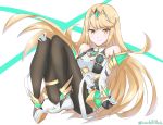  1girl alternate_costume armor bare_shoulders blonde_hair closed_mouth gem gloves grimmelsdathird headpiece highres mythra_(xenoblade) long_hair nintendo pantyhose simple_background sitting solo spirit_(super_smash_bros.) super_smash_bros. super_smash_bros._ultimate tiara twitter_username white_background xenoblade_(series) xenoblade_2 yellow_eyes 