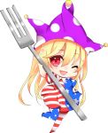  1girl ;d american_flag_dress american_flag_legwear arm_up bangs blonde_hair blue_dress blue_legwear blush breasts chibi clownpiece commentary_request dress eyebrows_visible_through_hair fork full_body hair_between_eyes hand_on_hip hat heart highres holding holding_fork jester_cap leg_up long_hair looking_at_viewer natsuki_(ukiwakudasai) neck_ruff no_shoes one_eye_closed open_mouth pantyhose polka_dot polka_dot_hat purple_hat red_dress red_eyes red_legwear short_sleeves simple_background small_breasts smile solo star star_print striped striped_dress striped_legwear thighs touhou white_background white_dress white_legwear 