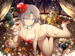  1girl bikini blue_eyes bow breasts christmas cleavage grey_hair hair_bow hat large_breasts looking_at_viewer navel official_art santa_costume santa_hat senran_kagura senran_kagura_new_wave senran_kagura_shinovi_versus short_hair smile solo swimsuit white_bow yumi_(senran_kagura) 