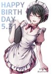  1girl :d ahoge apron bow breasts brown_hair brown_shirt brown_skirt choker cleavage collarbone cowboy_shot dangan_ronpa dangan_ronpa_1 dated dutch_angle green_eyes hair_between_eyes hair_bow happy_birthday ikusaba_mukuro looking_at_viewer maid maid_headdress medium_breasts miniskirt neck_ribbon open_mouth pleated_skirt red_bow red_ribbon ribbon shirt short_hair short_sleeves skirt smile solo standing white_apron white_background z-epto_(chat-noir86) 