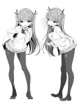  1girl absurdres bangs bow bowtie breasts contrapposto eyebrows_visible_through_hair greyscale hair_ribbon highres leaning_forward loafers long_hair long_sleeves medium_breasts miniskirt monochrome multiple_views original pantyhose pleated_skirt ribbon school_uniform shoes skirt standing sweater takakura tongue tongue_out twintails 