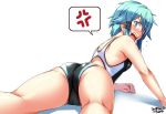  1girl anger_vein aqua_eyes aqua_hair artist_name ass black_swimsuit competition_swimsuit dated flying_sweatdrops from_behind hair_ornament hairclip highres looking_at_viewer looking_back lying on_stomach one-piece_swimsuit short_hair simple_background sinon solo speech_bubble spoken_anger_vein swimsuit sword_art_online tsuchimiya upper_body white_background 