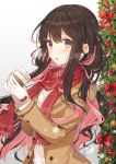  alternate_costume black_hair christmas_ornaments christmas_tree coffee_cup cup disposable_cup gloves hiiragi_souren kantai_collection long_hair multicolored_hair naganami_(kantai_collection) pink_hair scarf simple_background two-tone_hair white_gloves winter_clothes yellow_eyes 