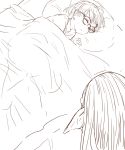  1boy 1girl bed blanket chrono_trigger commentary_request glasses lucca_ashtear magus monochrome pillow pointy_ears s-a-murai short_hair sleeping 