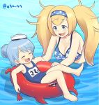  2girls ahenn bare_shoulders bikini blonde_hair blue_eyes blue_hair breasts cleavage closed_eyes commentary_request double_bun enemy_lifebuoy_(kantai_collection) eyebrows eyebrows_visible_through_hair gambier_bay_(kantai_collection) hair_between_eyes hair_bun happy hat headband kantai_collection long_hair multiple_girls open_mouth playing samuel_b._roberts_(kantai_collection) short_hair swimsuit twintails twitter_username very_long_hair water 