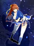  1girl arm_guards arm_under_breasts bangs blue_background breasts bridal_gauntlets brown_eyes brown_hair choker cleavage collarbone commentary_request dead_or_alive hair_ribbon highres kasumi_(doa) kettsu large_breasts leaning_forward long_hair ninja open_mouth panties pantyshot pantyshot_(standing) pelvic_curtain petals ponytail ribbon sheath sheathed short_sleeves solo standing thigh-highs thighs underwear weapon white_legwear white_panties wind wind_lift yellow_ribbon 