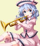  1girl blue_eyes eyebrows_visible_through_hair hair_between_eyes hat highres instrument long_sleeves looking_at_viewer merlin_prismriver open_mouth pink_hat pink_legwear pink_shirt ruu_(tksymkw) shirt short_hair silver_hair simple_background solo touhou trumpet yellow_background 