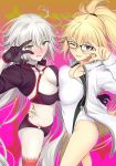  2girls ahoge bangs bikini black-framed_eyewear black_bikini black_jacket blonde_hair blush breast_press breasts choker collarbone competition_swimsuit covered_navel cropped_jacket fate/grand_order fate_(series) full-face_blush glasses hair_between_eyes hand_gesture highres hips jacket jeanne_d&#039;arc_(alter_swimsuit_berserker) jeanne_d&#039;arc_(fate)_(all) jeanne_d&#039;arc_(swimsuit_archer) large_breasts long_hair long_sleeves looking_at_viewer multiple_girls navel o-ring o-ring_bikini one-piece_swimsuit one_eye_closed open_clothes open_jacket open_mouth pale_skin ponytail red_legwear shrug_(clothing) silver_hair single_thighhigh smile swimsuit symmetrical_docking thigh-highs thighs very_long_hair w whistle whistle_around_neck white_jacket white_swimsuit yellow_eyes yoshiki360 