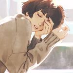  1girl bangs brown_hair closed_eyes commentary english_commentary hand_over_eye highres ilya_kuvshinov leaning_forward long_sleeves original parted_lips short_hair solo sweater white_sweater 