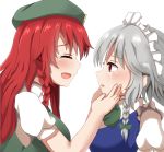  2girls :d blue_vest blush braid closed_eyes commentary_request crying crying_with_eyes_open eyebrows_visible_through_hair facing_another flat_cap from_side green_neckwear green_vest guard_bento_atsushi hair_ribbon hands_on_another&#039;s_face hat highres hong_meiling izayoi_sakuya long_hair looking_at_viewer multiple_girls neck_ribbon open_mouth profile puffy_short_sleeves puffy_sleeves red_eyes redhead ribbon shirt short_hair short_sleeves sideways_mouth silver_hair simple_background smile streaming_tears tears touhou tress_ribbon upper_body vest white_background white_shirt yuri 