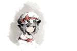  1girl baiguiyu bow brown_eyes grey_hair hair_bow hat highres looking_at_viewer mob_cap neck_ribbon parted_lips pointy_ears portrait red_bow red_neckwear red_ribbon remilia_scarlet ribbon solo symbol_commentary touhou white_hat 