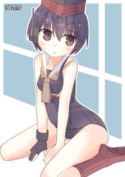  1girl artist_logo asymmetrical_hair between_legs black_hair black_swimsuit boots brown_eyes crop_top framed_breasts gloves hair_between_eyes hand_between_legs hat headphones high_heel_boots high_heels highres i-13_(kantai_collection) kantai_collection kneeling looking_to_the_side one-piece_swimsuit partly_fingerless_gloves pepatiku sailor_collar school_swimsuit shirt short_hair single_glove solo swimsuit swimsuit_under_clothes white_sailor_collar 