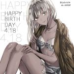  1girl bangs blue_eyes breasts cleavage dangan_ronpa dark_skin dated eyebrows_visible_through_hair front-tie_bikini front-tie_top grey_bikini_top grey_skirt hand_on_own_knee happy_birthday holding_brush long_hair looking_at_viewer miniskirt navel new_dangan_ronpa_v3 ribbon shell_necklace shiny shiny_skin silver_hair sitting skirt small_breasts smile solo strapless strapless_bikini twitter_username white_background white_ribbon yonaga_angie z-epto_(chat-noir86) 