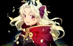  1girl bangs black_bow black_dress blonde_hair bow cape commentary dress earrings ereshkigal_(fate/grand_order) fate/grand_order fate_(series) hair_bow high_collar infinity jewelry light_blush light_particles lips long_hair looking_at_viewer oono_imo open_mouth parted_bangs petals red_cape red_eyes skull smile solo spine standing tiara two_side_up upper_body wind 
