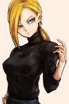  1girl alternate_costume alternate_hairstyle android_18 bangs black_shirt blonde_hair blue_eyes dragon_ball dragonball_z earrings head_tilt hoop_earrings jewelry looking_at_viewer low_ponytail medium_hair parted_bangs ponytail shirt short_ponytail solo st62svnexilf2p9 turtlneck upper_body 