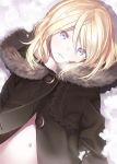  1girl bangs blonde_hair blue_eyes breath brown_coat capriccio coat commentary_request eyebrows_visible_through_hair fur-trimmed_hood fur_trim hair_between_eyes head_tilt hooded_coat looking_at_viewer lying navel on_back open_clothes open_coat original parted_lips snow solo upper_body 