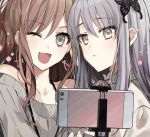  2girls ;d bang_dream! bangs bare_shoulders blush breasts brown_eyes brown_hair bunny_hair_ornament butterfly_hair_ornament cellphone cleavage closed_mouth collarbone commentary eyebrows_visible_through_hair eyelashes gambe grey_eyes grey_hair hair_ornament imai_lisa long_hair minato_yukina multiple_girls off-shoulder_sweater one_eye_closed open_mouth phone self_shot selfie_stick shirt side-by-side sidelocks smartphone smile sweater upper_body white_shirt 