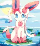  :&lt; artist_name blue_eyes blue_sclera bow clouds commentary creatures_(company) floating game_freak gen_6_pokemon lily_pad looking_to_the_side nintendo no_humans outdoors pokemon pokemon_(creature) purpleninfy ribbon sitting sky sun sylveon water 