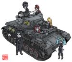  ground_vehicle hoshikawa_lily iron_cross konno_junko m.wolverine military military_vehicle millipen_(medium) minamoto_sakura mizuno_ai motor_vehicle nikaidou_saki panzerkampfwagen_iv pipe tank traditional_media yamada_tae yuugiri_(zombie_land_saga) zombie_land_saga 