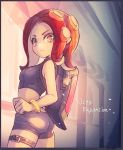  1girl agent_8 ass black_eyes black_shirt black_shorts bracelet commentary conomi-c5 copyright_name crop_top highres ink_tank_(splatoon) jewelry light_particles makeup mascara medium_hair midriff nintendo octoling pointy_ears redhead shirt short_shorts shorts sleeveless sleeveless_shirt solo splatoon splatoon_(series) splatoon_2 splatoon_2:_octo_expansion squidbeak_splatoon suction_cups tentacle_hair thigh_strap 