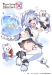  1girl :d animal_ears atte7kusa backpack bag bear_ears black_footwear blue_eyes bow brave_sword_x_blaze_soul breasts copyright_name fang full_body gloves grey_hair highres ice looking_at_viewer maid official_art open_mouth paw_gloves paws pink_bow plate puffy_short_sleeves puffy_sleeves short_sleeves simple_background small_breasts smile solo spoon stuffed_animal stuffed_toy teddy_bear thick_eyebrows thigh-highs watermark white_background white_legwear 