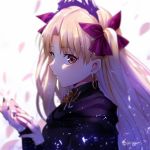  1girl bangs blonde_hair blush breasts cape earrings ereshkigal_(fate/grand_order) eyebrows_visible_through_hair fate/grand_order fate_(series) hair_ribbon jewelry light_particles long_hair looking_at_viewer nail_polish parted_bangs purple_nails red_eyes red_ribbon ribbon skull solo tiara twintails twitter_username two_side_up yaoshi_jun 