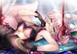  1girl animal_ears black_gloves breasts chinese_clothes cleavage fan fate/grand_order fate_(series) fox_ears fox_tail glasses gloves hane_yuki highres koyanskaya large_breasts lying no_bra on_side pink_hair solo tail under_boob yellow_eyes 