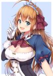  1girl :d ahoge ascot bangs blue_background blue_eyes blush bow breasts cleavage dargo eyebrows_visible_through_hair gloves hair_bow hand_up index_finger_raised large_breasts long_hair looking_at_viewer open_mouth orange_hair pecorine princess_connect! princess_connect!_re:dive puffy_short_sleeves puffy_sleeves red_bow red_neckwear shirt short_sleeves sidelocks simple_background smile solo tiara upper_body white_gloves white_shirt wing_collar 