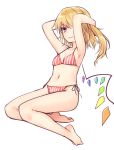  1girl armpits arms_behind_head arms_up bangs bare_arms bare_legs bare_shoulders barefoot bikini blonde_hair breasts collarbone commentary_request crystal eyebrows_visible_through_hair flandre_scarlet full_body groin hair_between_eyes light_smile long_hair miyo_(ranthath) navel no_hat no_headwear one_side_up red_bikini red_eyes side-tie_bikini simple_background small_breasts solo stomach striped swimsuit thighs touhou vertical-striped_bikini vertical_stripes white_background white_bikini wings 