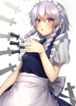  1girl :o apron bangs blue_dress blush bow braid breasts commentary_request cowboy_shot dress eyebrows_visible_through_hair green_bow hair_between_eyes hair_bow hand_up highres holding holding_knife holding_weapon izayoi_sakuya knife knives_between_fingers looking_at_viewer maid maid_apron maid_headdress parted_lips puffy_short_sleeves puffy_sleeves shirt short_hair short_sleeves silver_hair simple_background small_breasts solo sparkle touhou twin_braids v-shaped_eyebrows violet_eyes waist_apron weapon white_apron white_background white_shirt yayoimaka03 