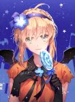  1girl artoria_pendragon_(all) black_gloves black_wings blue_background blue_flower braid breasts candy closed_mouth collarbone collared_shirt fate/stay_night fate_(series) flower food gloves h_sueun hair_flower hair_ornament hairband halloween hands_up head_tilt holding holding_food holding_lollipop light_smile lollipop looking_at_viewer mini_wings orange_shirt purple_hairband revision saber shirt short_sleeves sidelocks small_breasts solo star swirl_lollipop twitter_username wings 