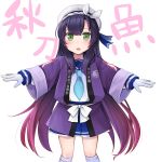  1girl absurdres black_hair blue_neckwear blue_ribbon blue_skirt gloves gradient_hair green_eyes happi hat highres japanese_clothes kantai_collection kneehighs long_hair long_sleeves matsuwa_(kantai_collection) multicolored_hair neckerchief outstretched_arms pleated_skirt purple_hair ribbon sailor_hat school_uniform serafuku simple_background skirt solo white_background white_gloves white_hat white_legwear yunamaro 