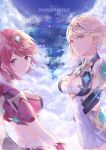  2girls absurdres armor bangs blonde_hair breasts cleavage cleavage_cutout covered_navel earrings fingerless_gloves gem gloves headpiece highres mythra_(xenoblade) pyra_(xenoblade) jewelry large_breasts long_hair looking_at_viewer mirin. multiple_girls nintendo red_eyes red_shorts redhead short_hair shorts simple_background sky smile swept_bangs thigh_strap tiara xenoblade_(series) xenoblade_2 yellow_eyes 